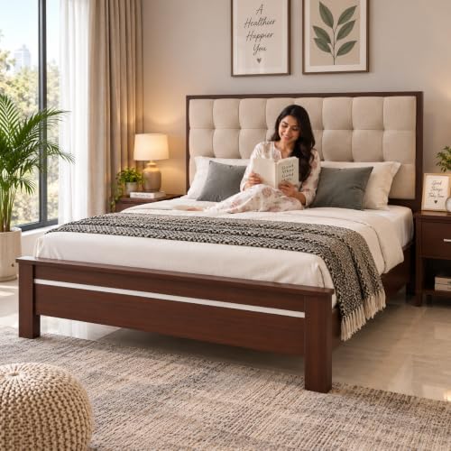 Image of APRODZ Sheesham Wood Bed | Queen Size Bed (78x60 Inches) Without Storage | Solid Wood Double Bed with Tufted Headboard | Premium Cot Furniture for Bedroom | Bed Queen Size | Beige