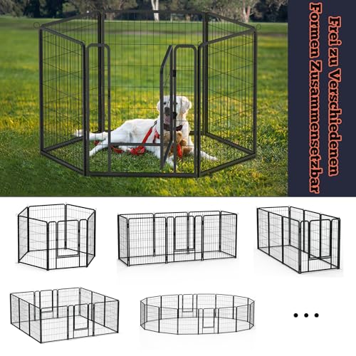 XINZI 80cm Höhe Hundelaufställe Freilaufgehege Welpenlaufstall mit Türen & Erdanker Modular Hundezaun Metall Welpengitter Garten Tierlaufstall für Außen- und Innenbereich (8 Elemente)
