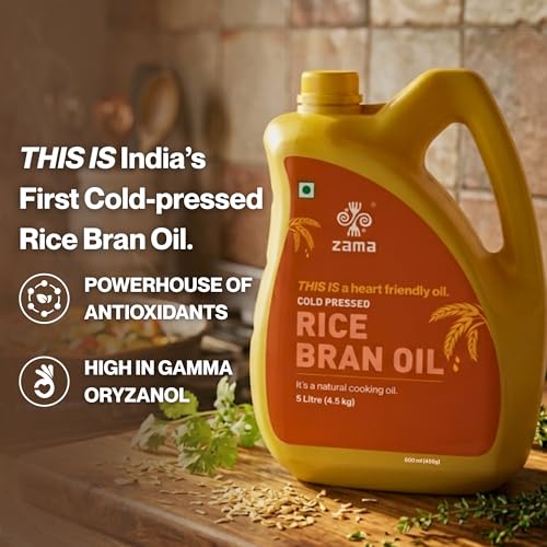 Image of Zama Organics Cold Pressed Rice Bran Oil 5L PET Bottle Pack of 2 | Cooking Oil for Deep Frying & Stir Fry | Oryzanol Rich Oil | High Smoke Point | Light & Neutral Taste | Daily Use Edible Oil