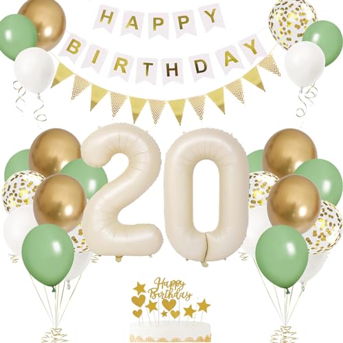 Decoração de Aniversário 20 Anos Bege, Balões de Aniversário 20 para Mulheres, Decorações de Festa 20 Anos, Balões Verdes e Dourado 20, Bandeira Triangular de Balões para Aniversário de 20 Anos para