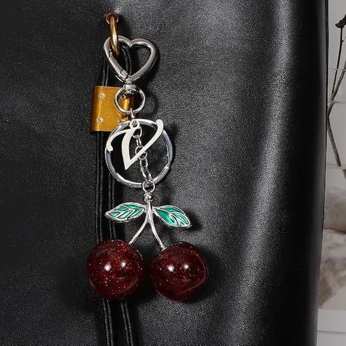 Heart-Shaped Keychain with Initial A-Z and Cherry Charm Bag Charms for Women,Car Accessories