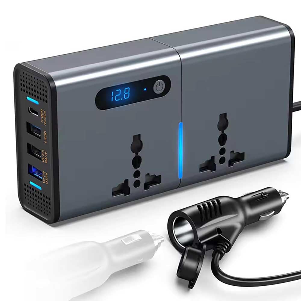 Generic Car Power Inverter 200W, DC 12V to 220V AC, 3 USB (2.4A, 1.2A, QC3.0, Type-C) & 2 AC Outlets, Black, Cigarette Lighter Plug, Compact & Portable, Ideal for Cars, SUVs & Trucks