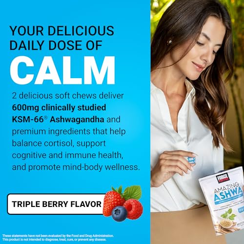 Image of Force Factor Amazing Ashwa, Ashwagandha Supplement for Stress Relief | Memory, Focus, and Immune Support with KSM-66 Ashwagandha for Stress, Triple Berry, 180 Soft Chews, 3-Pack