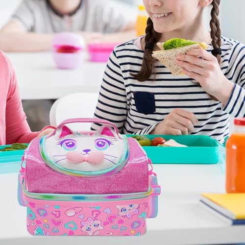 Image of Kids Double Decker Cooler Insulated Lunch Bag Large Tote for Boys, Girls, Men, Women, with Adjustable Strap (DBL-BAG-KITTY-01)