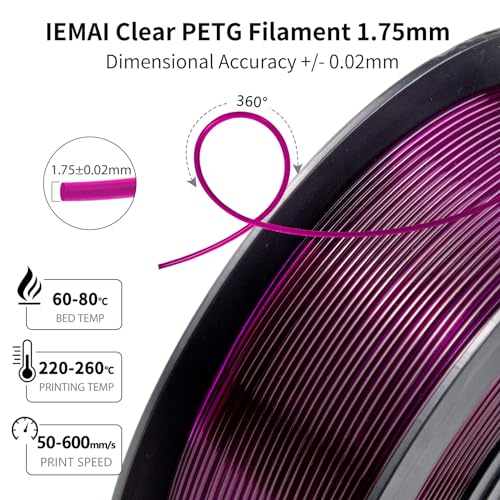 Image of IEMAI Clear PETG Filament 1.75mm Purple 1kg, Glossy Transparent Finish 3D Printer Filament Up to 600mm /s High-Speed Printing for Lampshades, Home Decor & DIY Models
