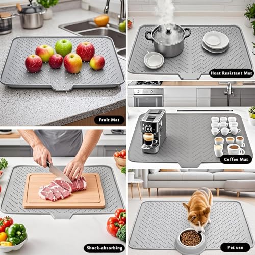 Image of CRIYALE Large Silicone Dish Drying Mat for Kitchen - Non-Slip Built-in Drain Lip | Hygienic Drying Pad Sturdy Compact Easy to Clean Tray Protects Surfaces Prevents Water Build Up 23 x 17 Inches (Grey)
