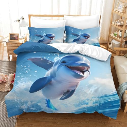 Housse de couette dauphin anti-pli parure de lit zippée 3D