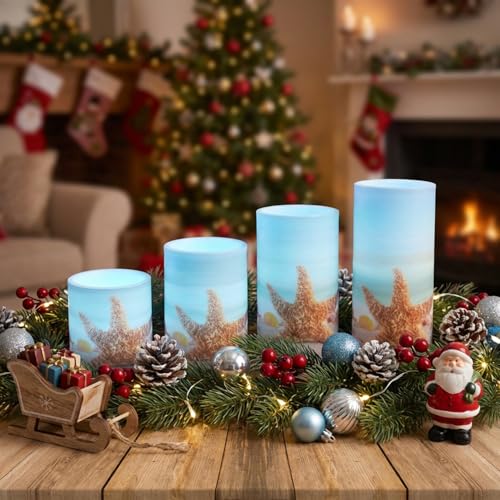 Image of 4PCS Summer Starfish Flameless Candles with Timer Remote Control | Blue OceanColored Light 4H 8H Timer Remote for Wedding Beach Party Coastal Room Decor