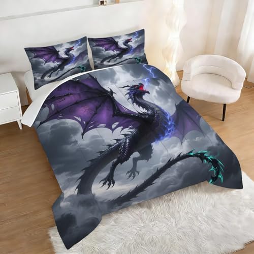 Image of 3D Dragon Comforter Set Full Size Lightning Dragon Animal Bedding Sets for Girls Boys Kids Adults Bedroom Decor Thunder Magical Beast Quilt 1 Comforter 2 Pillowcases