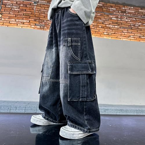 Moonker Kids Boys Cargo Jeans Wide Leg Straight Elastic Waisted Retro Baggy Denim Pants Cool Trousers Pant Suit4