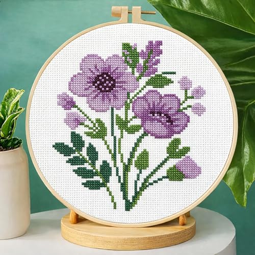 Image of Zhenqing Purple Floral Bouquet Cross Stitch Kit for Beginners - 11CT 24x24cm Pre-Printed Pattern with Embroidery Hoop, Threads & Tools(70523)