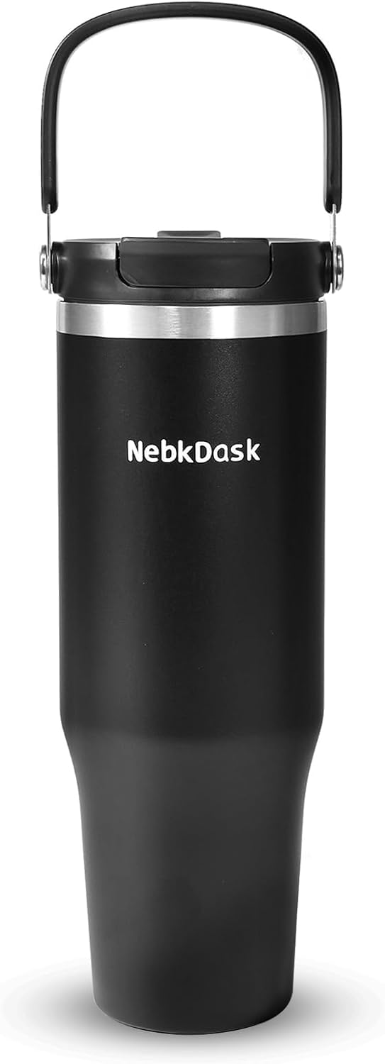 NebkDask 40 oz Insulated Stainless Steel Bottle with 2-in-1 Straw and Spout Lid, Water Bottle with Carry Handle Keep Cold 24H, Leak-Proof, Fits in Car Cup Holder, Travel, and School（Black）