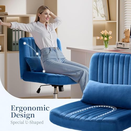 Image of Velvet Criss Cross Desk Chair with Wheels, Luxury Cross Legged Office Office, Swivel Wide Seat Vanity Chair, Armless Adjustable Height Gaming Chair Gift, Dusty (1, Royal Blue)