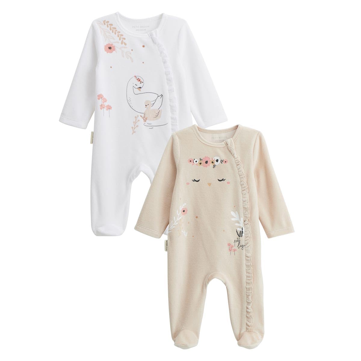 Petit Béguin - Lot de 2 pyjamas bébé en velours ouverture zippée Perle