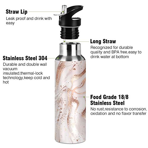 Xigua Rose Gold Marble Water Bottle With Straw Lid Vacuum Insulated Stainless Steel Thermo Flask For Sports Cycling Hiking School Home,20 Oz. #TOP2