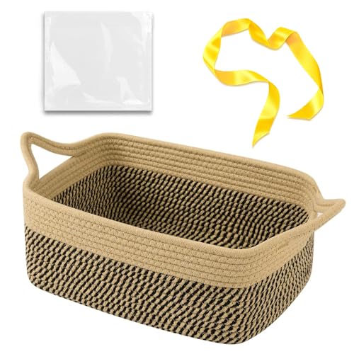 Image of OIAHOMY Woven Basket, Gift Basket Empty with Gift Bags and Ribbons, Rope Baskets for Baby Showers, Storage Baskets with Handles for Nursery, Pet Toy Organizer -Black & Yellow