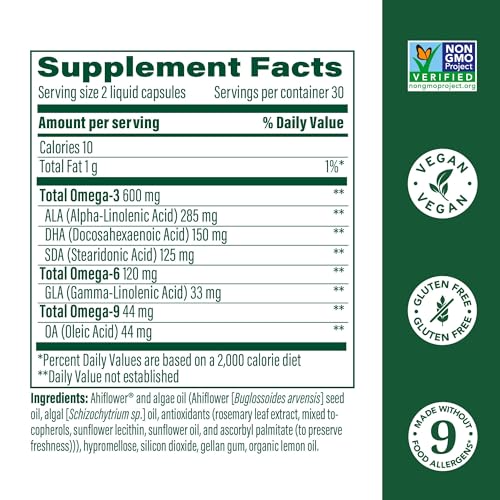 megafood vegan omega 3 6 9 - burp-less supplement - 600 mg plant-based omega-3 amp 150 mg dha per serving - heart brain vision amp joint support