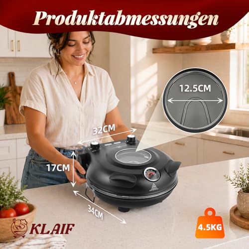 KLAIF Elektrischer Pizzaofen 420 °C, separat regelbare Ober- und Unterhitze, 31 cm Keramik-Pizzastein, inkl. 4-teiligem Pizzazubehör-Set, 1200 W, Modell LMC-Schwarz