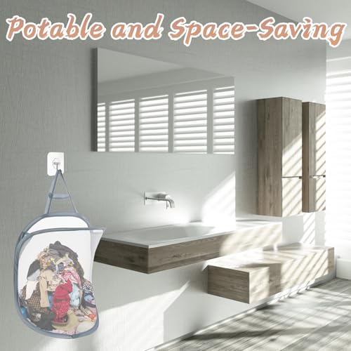 Hanging Laundry Bag, Laundry Basket, 2 Pcs Mesh Collapsible Laundry Baskets with 2 Hooks, Small Hanging Laundry Baskets with Handle, Storage Organiser, Pop Up Laundry Basket for Home - Image 6