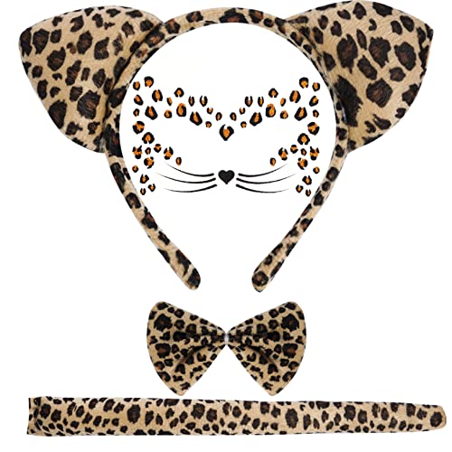 Baotongle Leopard Kostüm Set mit Gesicht Aufkleber, Tier Stirnband Fliege und Ohren für Kostüm Party Dekoration