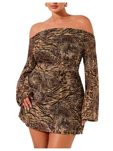 Image of SOLY HUX Women's Plus Size Off The Shoulder Tie Dye Mini Dress Flared Long Sleeve Bodycon Party Dress