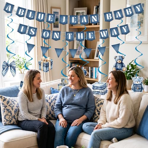 Image of Blue Jean Baby Shower Decorations - 11 Pcs a Blue Jean Baby is on The Way Banner Hanging Swirls Party Decorations, Denim Cloth Bear Baby Shower Decor Supplies for Kids Boys