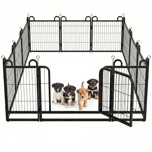 Image of Puppy Playpen 12 Piece Panels Small Dog Fence Outdoor Indoor Use 24 inch Height | Anti-Rust with Doors Portable Dog Play Pen for RV Camping Yard, Total 22FT, 30.25 Sq.ft, Snowy Black