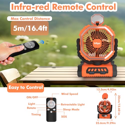 Camping Fan with Led Lantern, 20000mah Rechargeable Battery Portable Fan, 4 Speed with Remote, Auto Oscillation, 360° Rotation Hook, for Camping, Power Outage,Hurricane, Home (Orange) - image 8