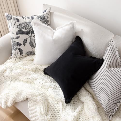 Image of Foindtower Decorative Linen Fringe Throw Pillow Covers Cozy Boho Farmhouse Cushion Cover with Tassels Soft Accent Pillowcase for Chair Sofa Bed Living Room Home Decor, 18x18 Inch, 1PC, Black