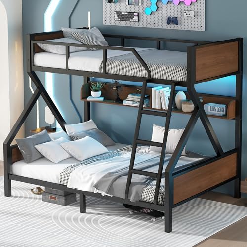 Bellemave Twin Over Full Bunk Bed with Storage Shelf and RGB LED Lights, Adults Bunk Bed with Angle...