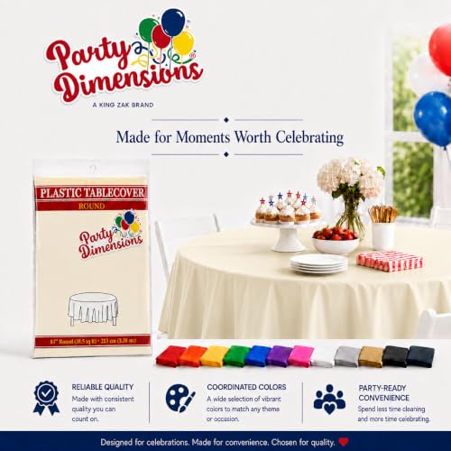 Image of Party Dimensions Ivory Disposable Plastic Tablecloth, Round, 84 inch, 12 Pack