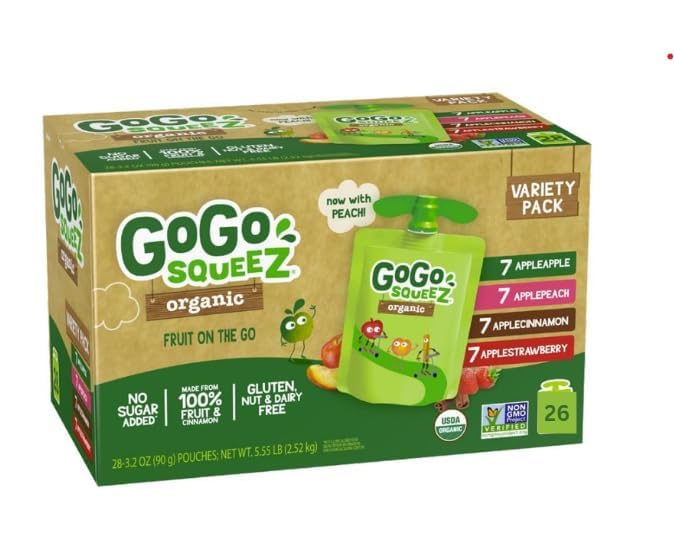 GoG'o Squee'Z Organic Applesauce Pouches, Variety Pack, 3.2oz, 26 Count, Pack of 1