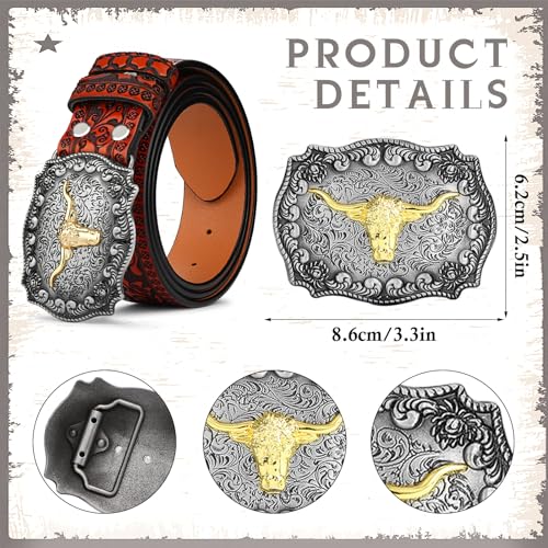 Western Leather Buckle Belts for Men Women- Longhorn Bull Cowboy Cowgirl Leather Belt for Jeans4