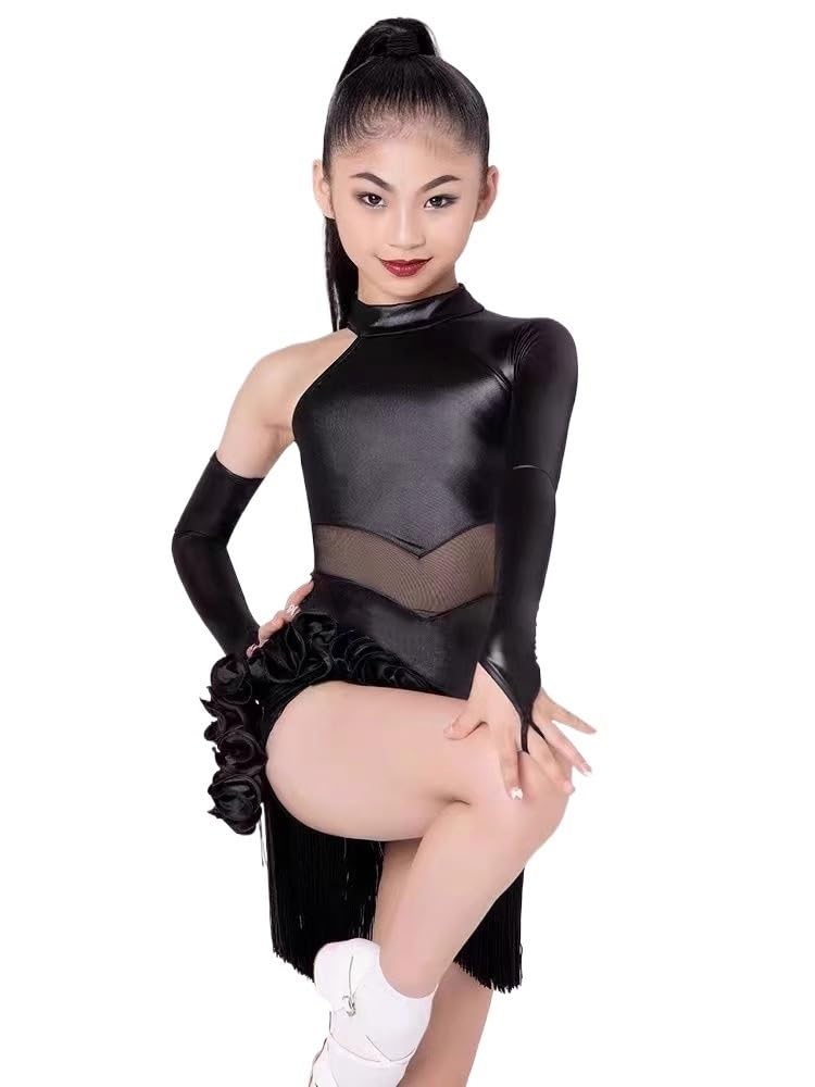 Justaucorps Danse Fille,Tutu Danse Classique Fille Costume De Performance For Filles, Jupe À Franges Noire À Une Manche, Vêtements De Danse Latine For Enfants, Robe D'entraînement De Compétition De Sa