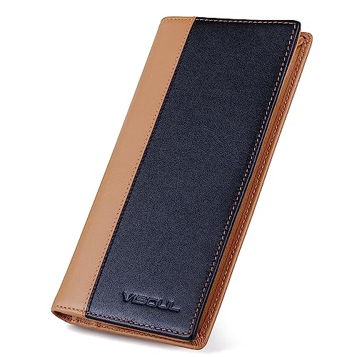 VISOUL Leather Long Checkbook Bi-fold Wallets with Zipper Pocket for Men and Women, RFID Blocking Tall Billfold Secretary Cash Wallet (Black and Brown)