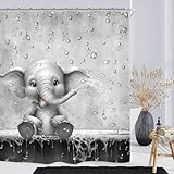Miyotaa Elefanten-Duschvorhang-Set für Kinder, 152 x 180 cm (B x H), lustiges Tier, das Wasser spielt, Regentropfen, grau, Polyester, wasserdicht, Badezimmer-Vorhang mit 12 Haken