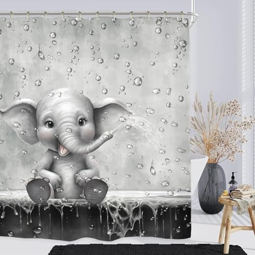 Miyotaa Elefanten-Duschvorhang-Set für Kinder, 152 x 180 cm (B x H), lustiges Tier, das Wasser spielt, Regentropfen, grau, Polyester, wasserdicht, Badezimmer-Vorhang mit 12 Haken