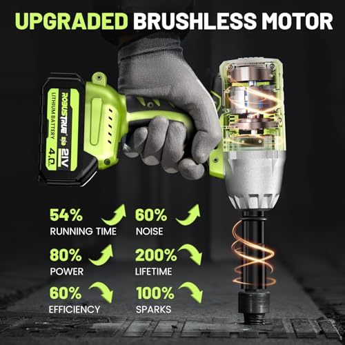 Image of Robustrue Cordless Impact Wrench, 590Ft-lbs (800N.m) Brushless 1 /2 inch, 2500RPM Max Torque Impact Gun, 2x 4.0Ah Battery, Charger, 4 Sockets, Electric Impact Wrench for Car Truck RV