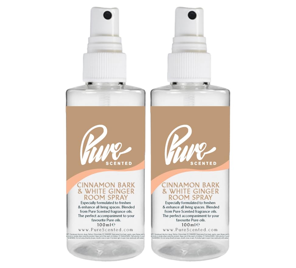 "Pure Scented 200ml Room & Fabric Sprays 2 x 100ml Suitable For Home, Car, Caravan, Work, Gym Bags, Odour Eliminators (2 x 100ml, Cinnamon Bark & White Ginger)"