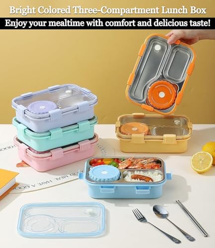 Image of Lovely Bright Solid Colored Airtight Leak-Proof Thermal Insulation Reusable Stainless Steel 3 Compartment Bento Lunch Box with Removable Bowl, Spoon, Fork & Chopsticks for Kids, School & Office