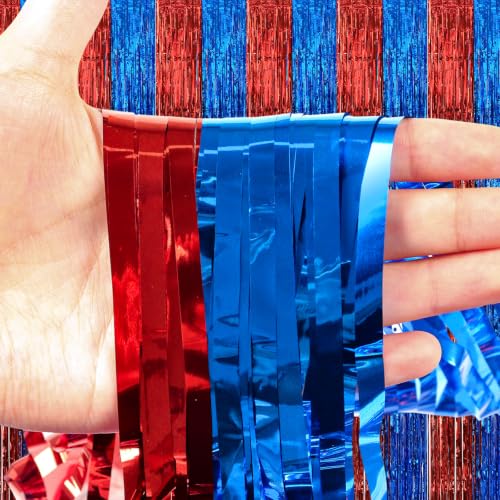 Image of 2 Pack Fringe Curtains Backdrops, Foil Fringe Curtains, Door Streamers for Birthday Wedding Bridal Shower Holiday Graduation Party Decorations Red Blue