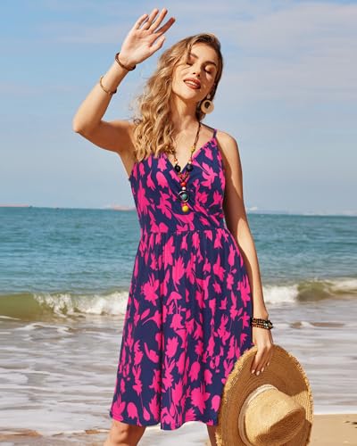 Image of STYLEWORD Womens Sundress Summer Floral Wrap V Neck Backless A-Line Casual Beach Midi Dress