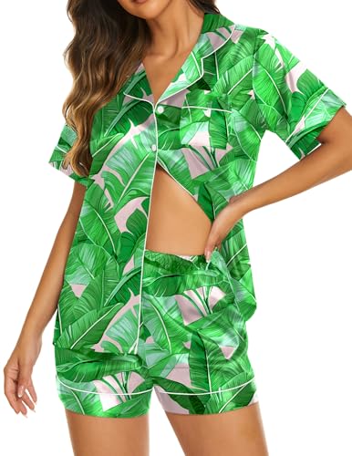 Image of Ekouaer Silk Pajamas for Women Short Sleeve Sleepwear Soft Button Down Loungewear 2 Piece Satin Pjs Shorts Set