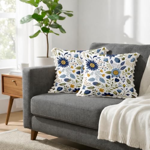 Image of STITCHNEST 'Little Meadow Series' Tassled Cushion Cover | Set of 2 | Floral Cushion Cover 16 inch x 16 inch