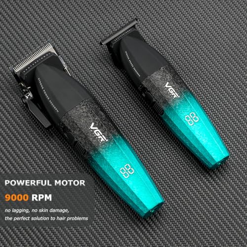 Image of VGR 640S2 Professional Hair Clippers for Men, 9000RPM Cordless Barber Clippers and Trimmers Set, Zero Gap T-Blade Hair Cutting Kit, DLC Coated Ceramic Blade Barber Kit with LED Display(Green)