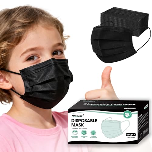 NNPCB Kids Disposable Face Masks 100 pcs, Black, 3-Ply
