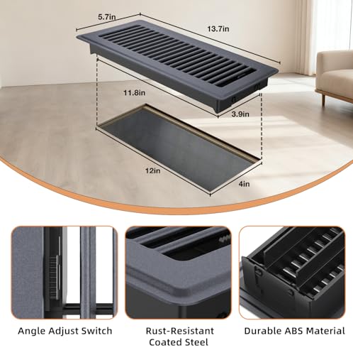 Image of Floor Register 4 x 12, 8 Pack - Gray Heavy-Duty Steel Vent Covers for Home Floor with Adjustable Airflow Control Lever, Easy Installation and Quiet Operation for HVAC Systems Floor Vent