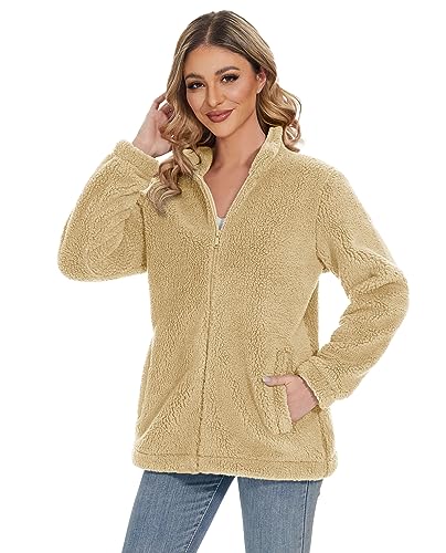 MAGCOMSEN Women Sherpa Jacket Full Zip Fuzzy Teddy Coat with Pockets Fleece Lined Warm Winter Casual Outfits3