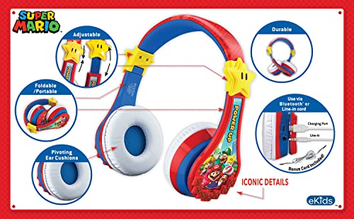 Ekids Super Mario Wireless Bluetooth Portable Kids Headphones With Microphone, Volume Reduced To Protect Hearing Rechargeable Battery, Adjustable Kids Headband For School Home Or Travel #TOP4