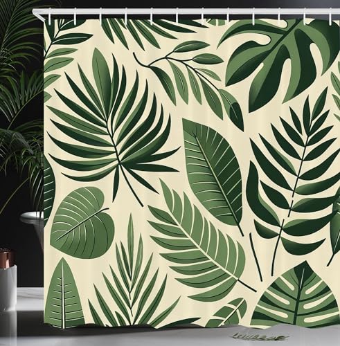 Ambesonne Olive Green Shower Curtain, Nature Tropical Leaves Modern Boho Feels in Sage Tones Leaf Print, Cloth Fabric Bathroom Decor Set with Hooks, 69" W x 70" L, Reseda Green and Cream